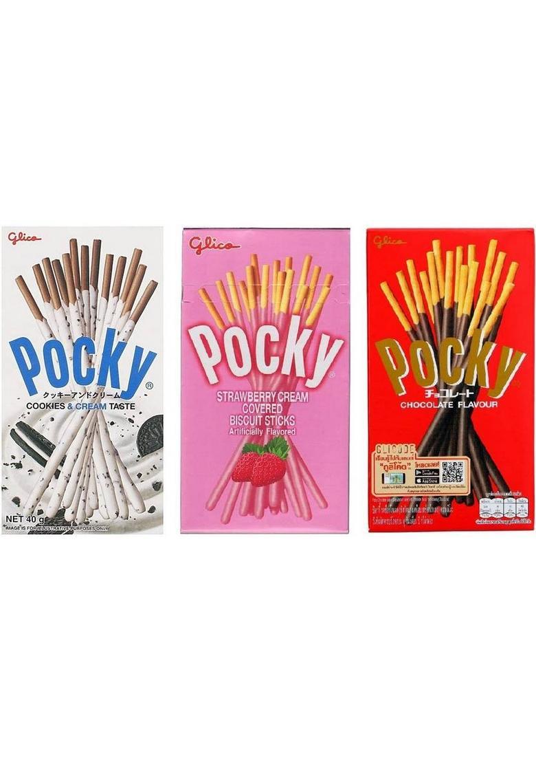 Pocky Pack Of Three | Strawberry, Cookie & Cream , Chocolate Flavour, Imported Cookies Biscuit (3 X 50 G)