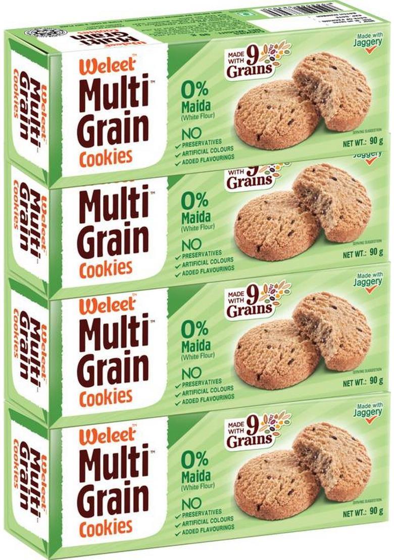 Weleet Natural Digestive Cookies Diabetic Friendly | Home, Office Snack (Multi Grain Cookies) Biscuit (4 X 90 G)