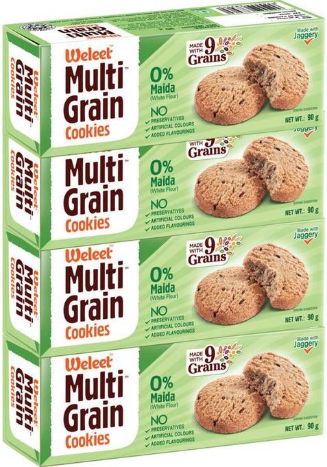 Weleet Natural Digestive Cookies Diabetic Friendly | Home, Office Snack (Multi Grain Cookies) Biscuit (4 X 90 G)
