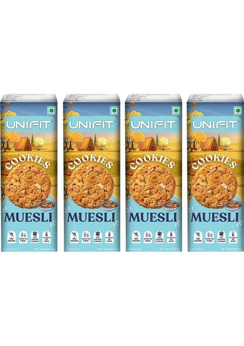 Unifit Muesli Cookies With Oats | Breakfast Cereal No Maida & Added Sugar Biscuit (4 X 75 G)