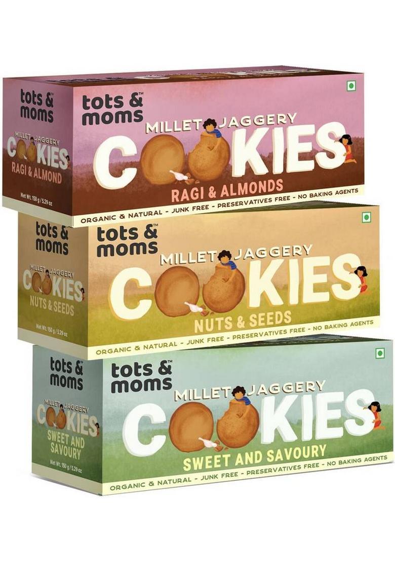 Tots And Moms Healthy & Nutritional Millet Jaggery Cookies Pack Of 3| Ragi Almonds | Nuts Seeds| Sweet Savory|150 Gm Each Multi Grain Biscuit (3 X 150 G)