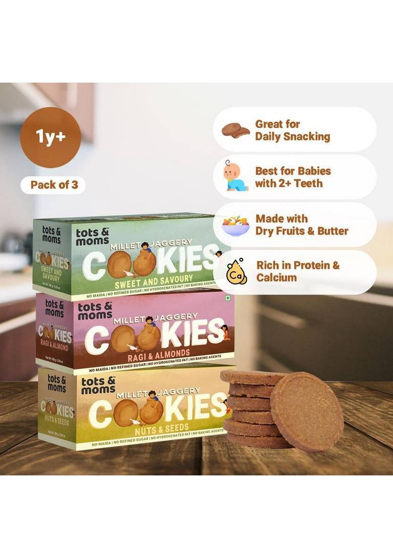 Tots And Moms Healthy & Nutritional Millet Jaggery Cookies Pack Of 3| Ragi Almonds | Nuts Seeds| Sweet Savory|150 Gm Each Multi Grain Biscuit (3 X 150 G)