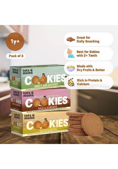 Tots And Moms Healthy & Nutritional Millet Jaggery Cookies Pack Of 3| Ragi Almonds | Nuts Seeds| Sweet Savory|150 Gm Each Multi Grain Biscuit (3 X 150 G)