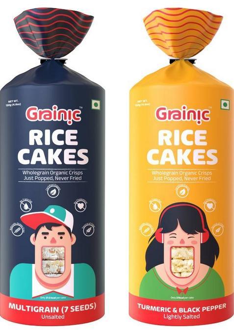 Grainic Organic Wholegrain Brown Rice Cakes ('Multigrain' And 'Turmeric, Black Pepper Himalayan Salt' Combo) (Pack Of 2) (18 Cakes/Pack) Cookie Cake Biscuit (2 X 135 G)