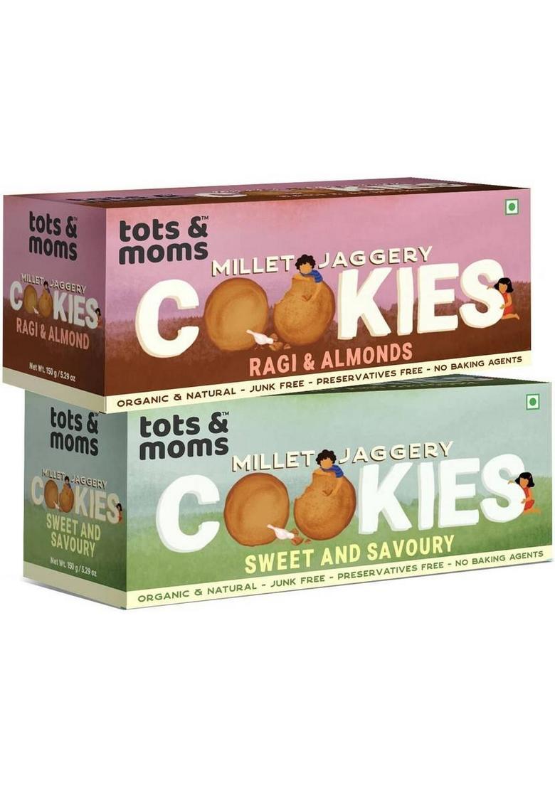 Tots And Moms Healthy & Nutritional Millet Jaggery Cookies Pack Of 2 | Ragi Almonds Sweet Savory|150 Gm Each Cream Filled Biscuit (2 X 150 G)