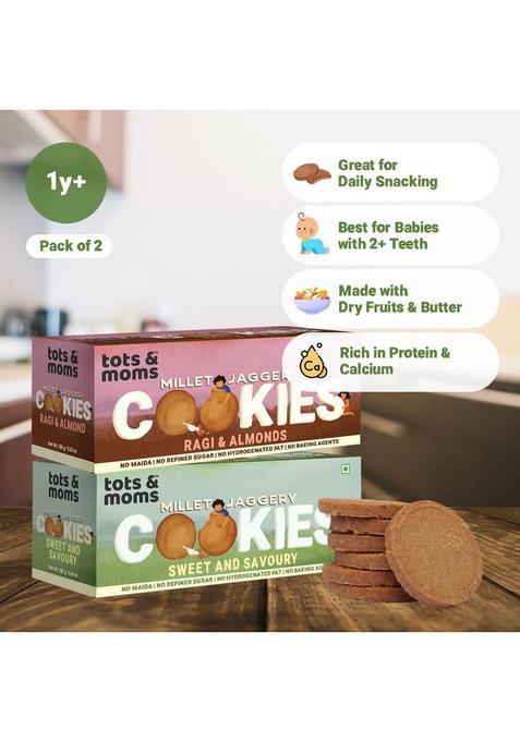 Tots And Moms Healthy & Nutritional Millet Jaggery Cookies Pack Of 2 | Ragi Almonds Sweet Savory|150 Gm Each Cream Filled Biscuit (2 X 150 G)