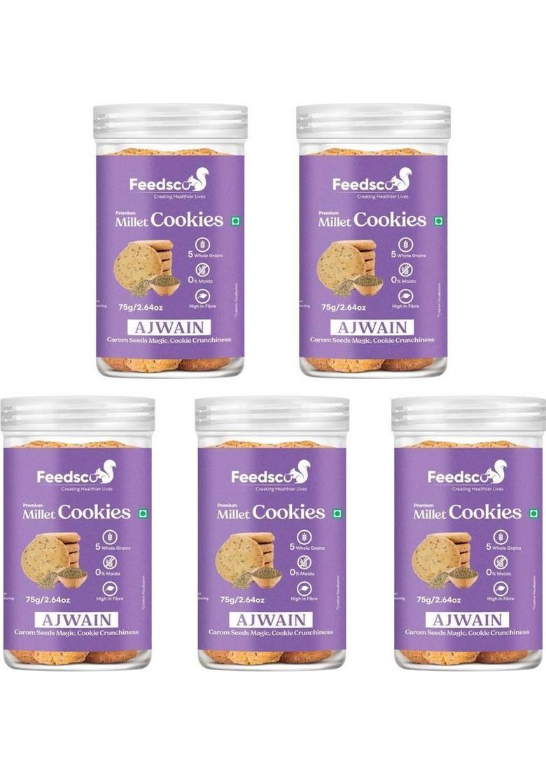 Feedsco Millet Ajwain Cookies Tasty & Healthy Snack- Natural Sweetness (Each Pack 75G) Biscuit (5 X 75 G)