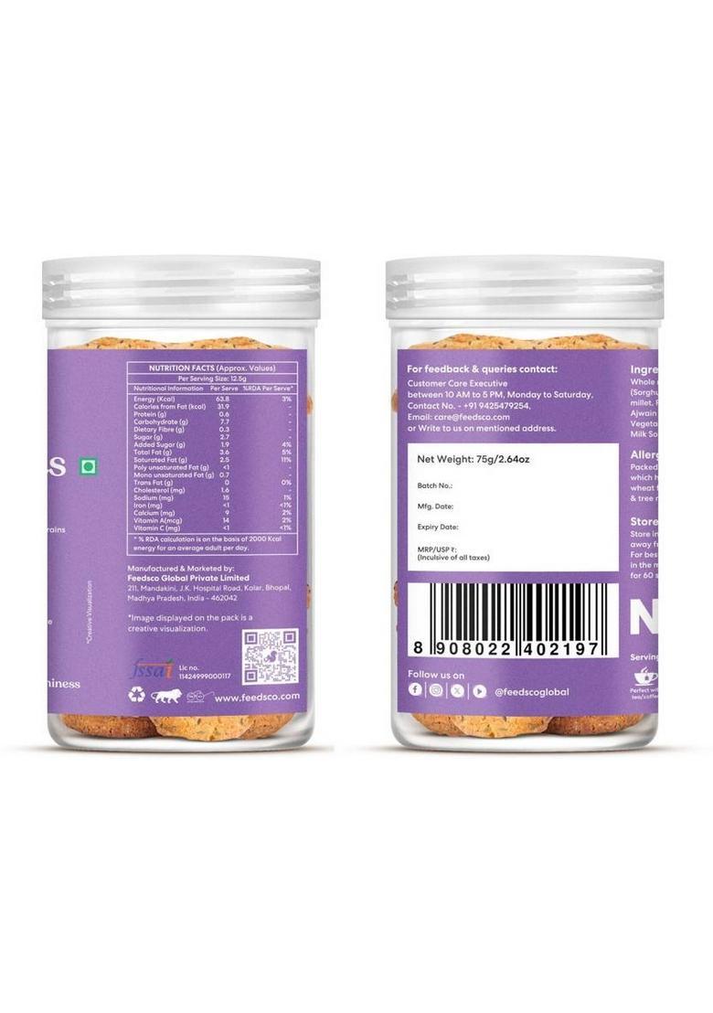 Feedsco Millet Ajwain Cookies Tasty & Healthy Snack- Natural Sweetness (Each Pack 75G) Biscuit (5 X 75 G)