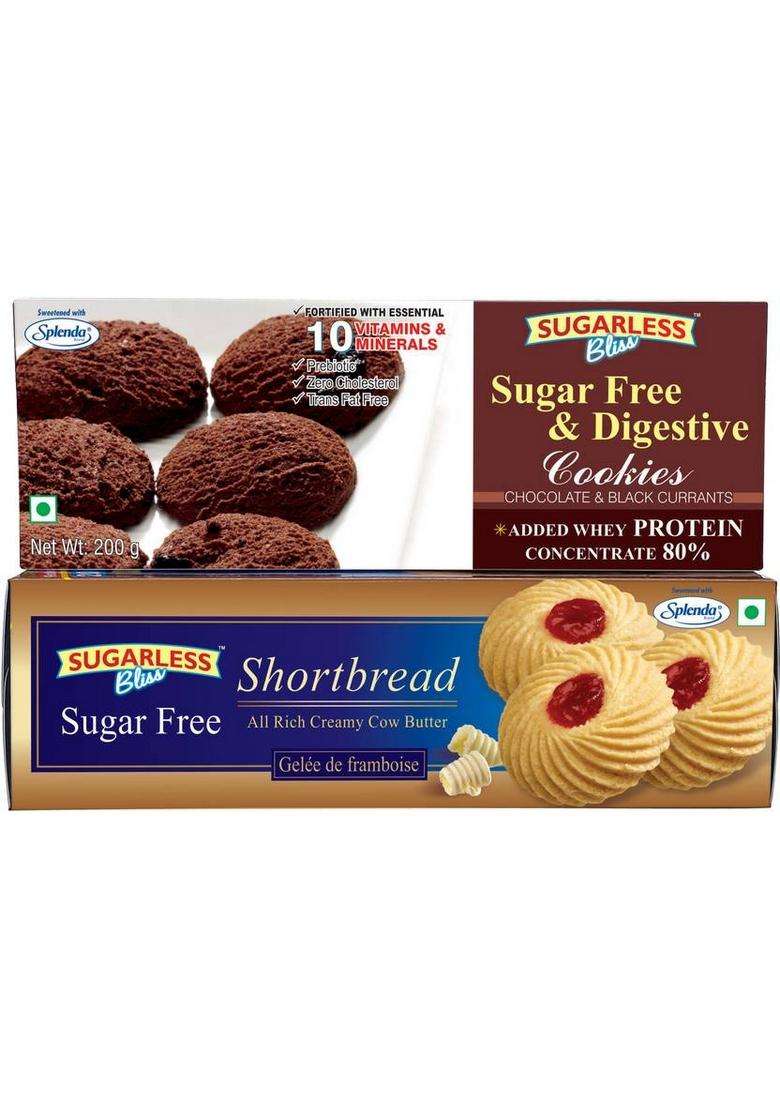 Sugarless Bliss Sugar Free Raspberry Short Bread Cookies And Chocolate&Blackcurrant 2X200Gm(400Gm) Biscuit (2 X 200 G) - Indya