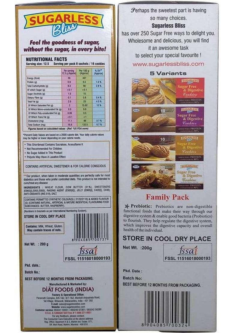Sugarless Bliss Sugar Free Raspberry Short Bread Cookies And Chocolate&Blackcurrant 2X200Gm(400Gm) Biscuit (2 X 200 G) - Indya