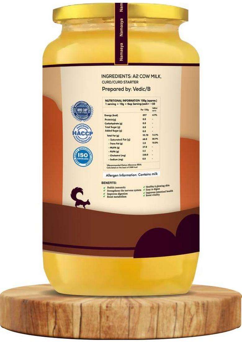 Namasya Organics A2 Desi Cow Ghee Hand-Churned, Traditional Bilona Method, Pure Glass Bottle (500 Ml) - Indya