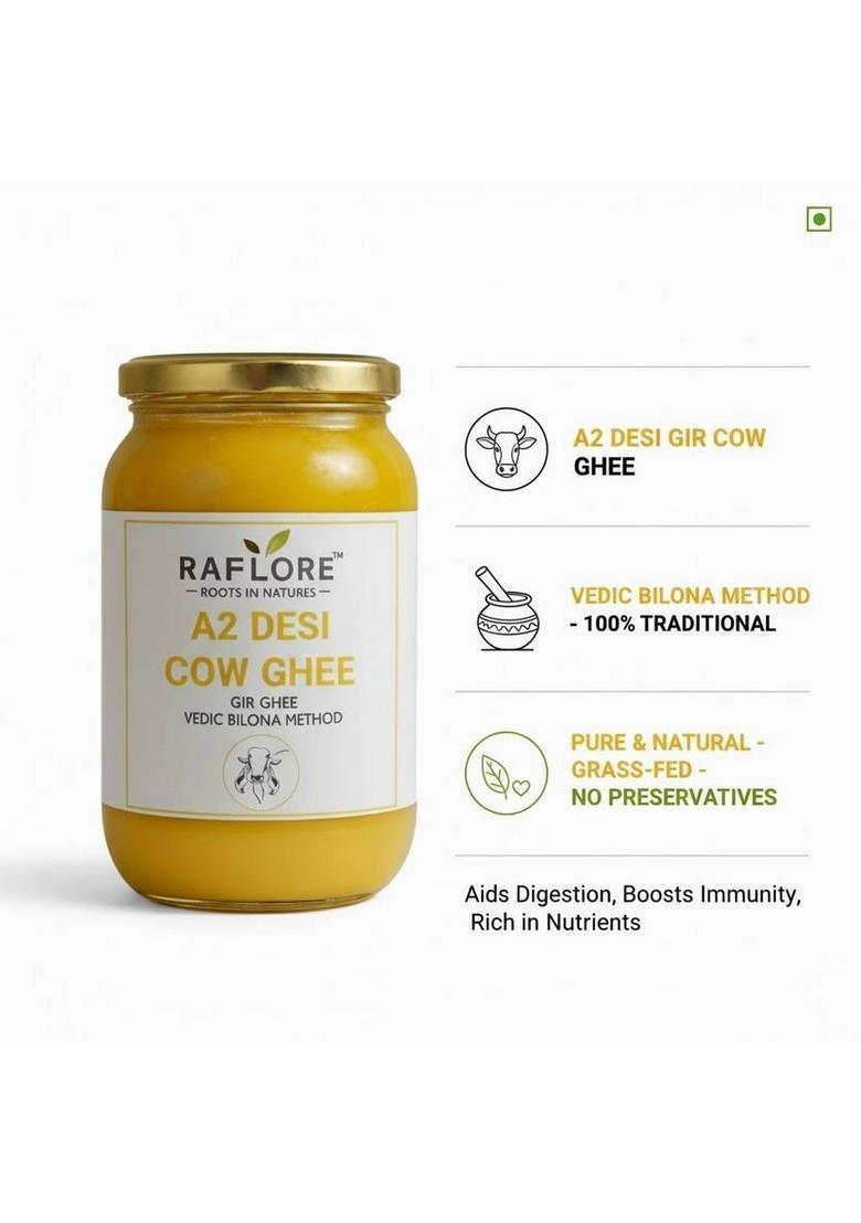 Raflore A2 Cow Ghee, Traditional Bilona Method, Pure, Natural And Healthy Glass Ghee Bottle (500 Ml)