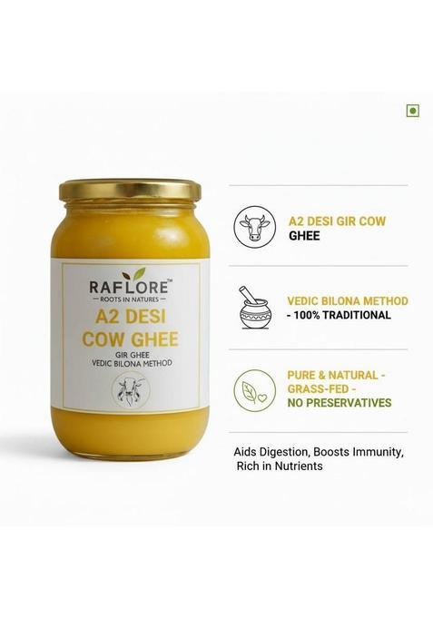 Raflore A2 Cow Ghee, Traditional Bilona Method, Pure, Natural And Healthy Glass Ghee Bottle (500 Ml)