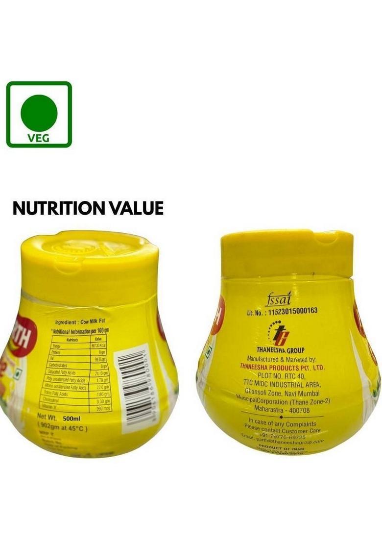 Parth Pure Cow Milk Ghee Traditional Premium For Optimal Health & Rich Taste Plastic Bottle (500 Ml)
