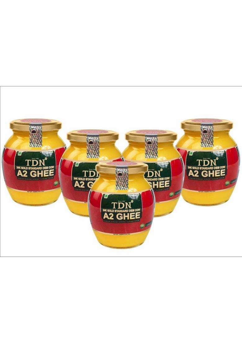 Tdn A2 Desi Cow Ghee|Ghee 500G|A2 Ghee|A2 Ghee|Cow Ghee Glass Bottle (500 Ml, Pack Of 5) - Indya