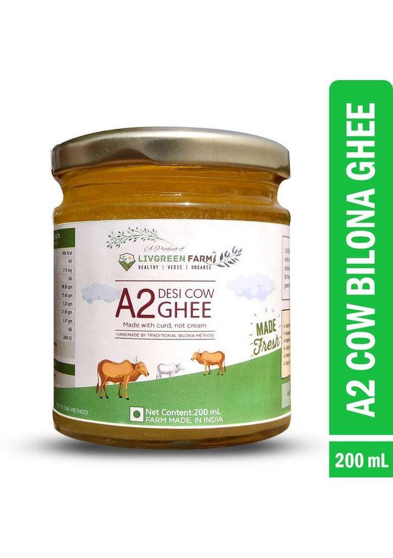 Livgreen Farm A2 Cow Desi Ghee - Pure & Natural Gluten Free With Rich Taste Aroma Glass Bottle (200 Ml) - Indya