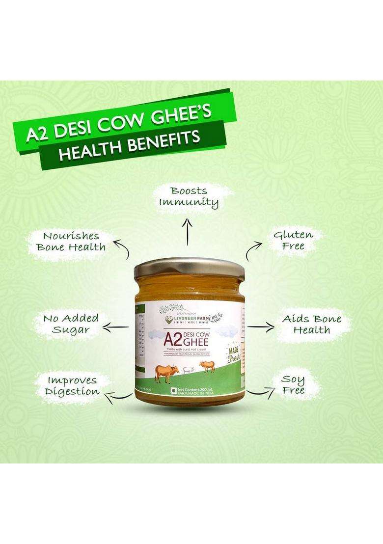 Livgreen Farm A2 Cow Desi Ghee - Pure & Natural Gluten Free With Rich Taste Aroma Glass Bottle (200 Ml) - Indya