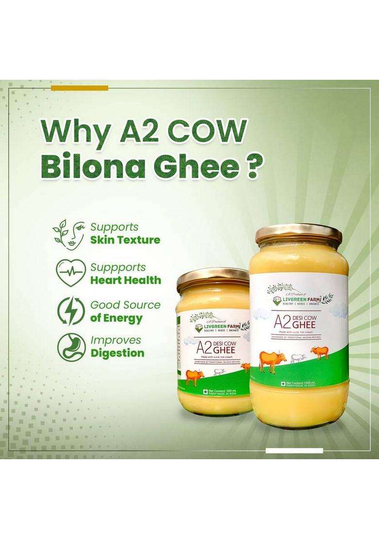 Livgreen Farm A2 Cow Desi Ghee - Pure & Natural Gluten Free With Rich Taste Aroma Glass Bottle (200 Ml) - Indya