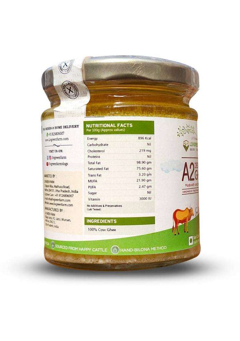 Livgreen Farm A2 Cow Desi Ghee - Pure & Natural Gluten Free With Rich Taste Aroma Glass Bottle (200 Ml) - Indya