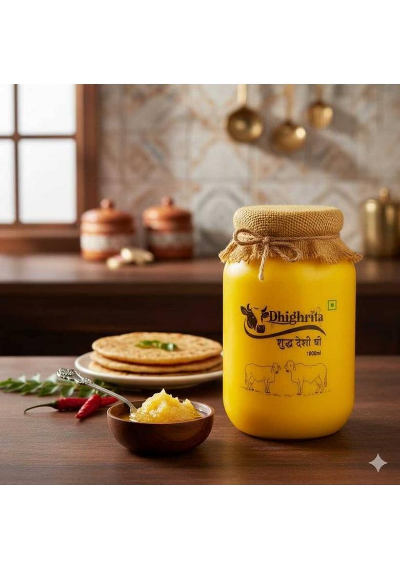 Dhighrita A2 Cow Bilona Desi Ghee Traditional Vedic Method Pure & Natural 1000G | Plastic Bottle (1000 G)