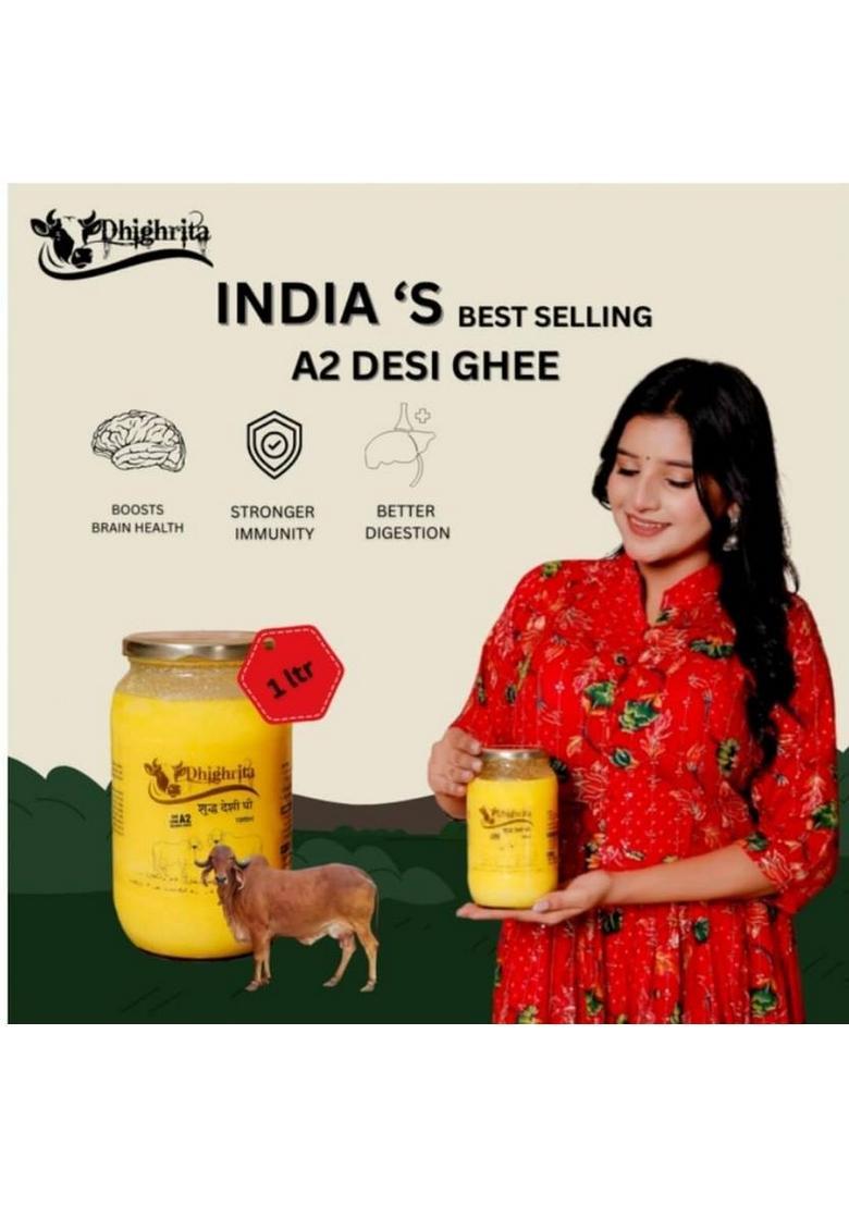 Dhighrita A2 Cow Bilona Desi Ghee Traditional Vedic Method Pure & Natural 1000G | Plastic Bottle (1000 G)