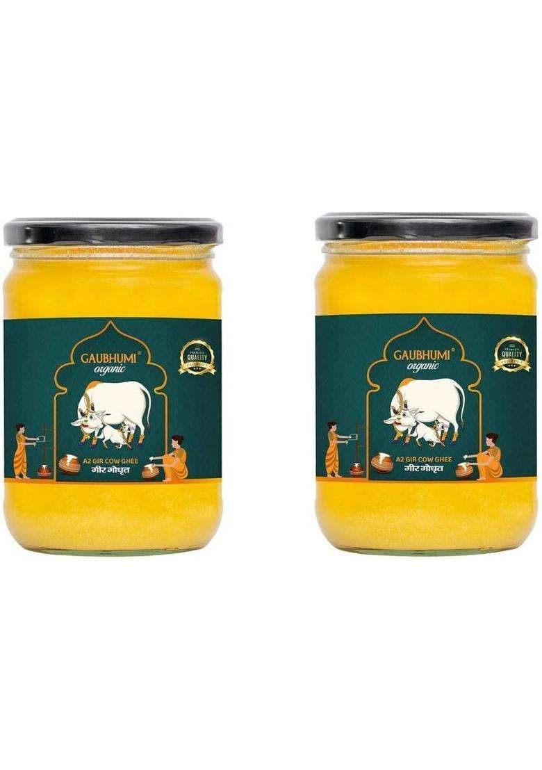 Gaubhumi Organic Rich And Nutritious Clarified A2 Gir 500 Ml Cow Ghee Pack Of 2 Glass Bottle (500 Ml, 2) - Indya
