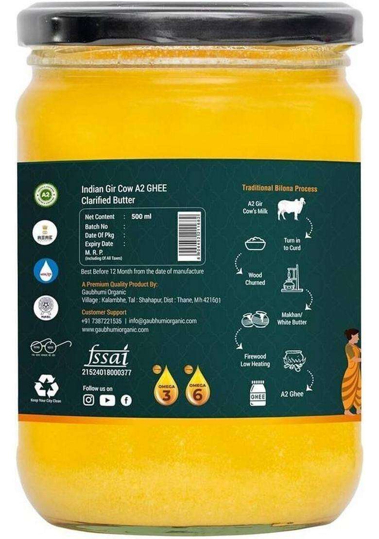 Gaubhumi Organic Rich And Nutritious Clarified A2 Gir 500 Ml Cow Ghee Pack Of 2 Glass Bottle (500 Ml, 2) - Indya