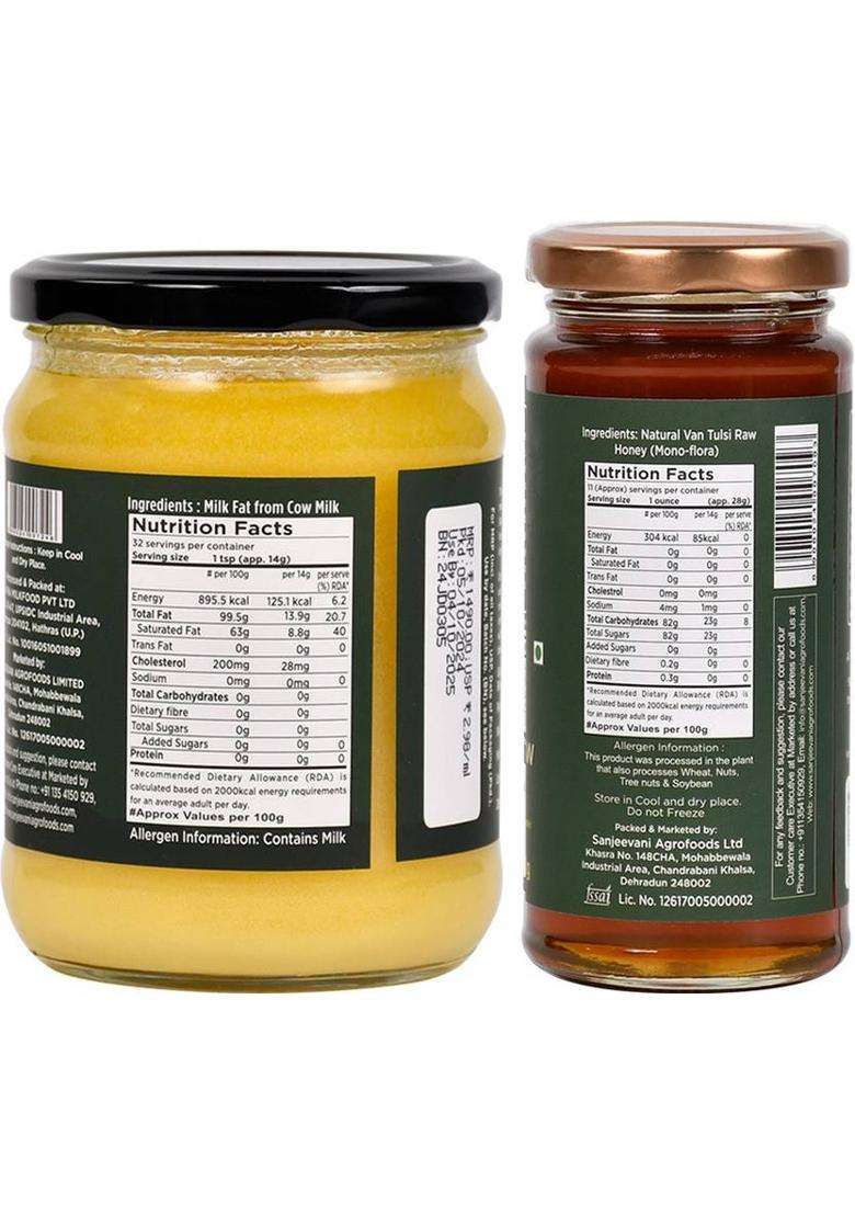 Sanjeevani Organics A2 Badri Ghee & Van Tulsi Raw Honey | Nutrient-Rich Chemical-Free No Sugar Glass Bottle (755 G, Pack Of 2) - Indya