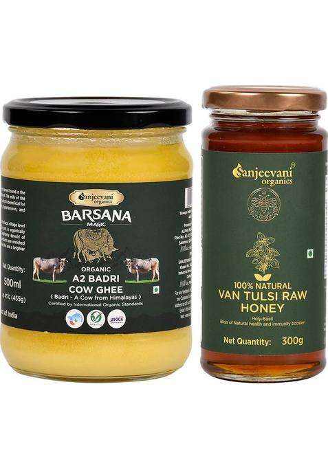 Sanjeevani Organics A2 Badri Ghee & Van Tulsi Raw Honey | Nutrient-Rich Chemical-Free No Sugar Glass Bottle (755 G, Pack Of 2)
