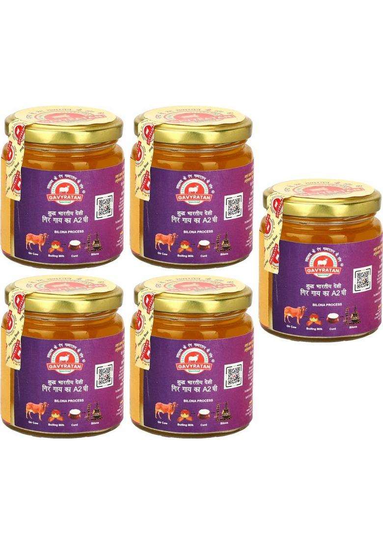 Gavyratan Pure Indian A2 Gir Cow Desi Bilona Ghee Can (200 Ml, Pack Of 5) - Indya