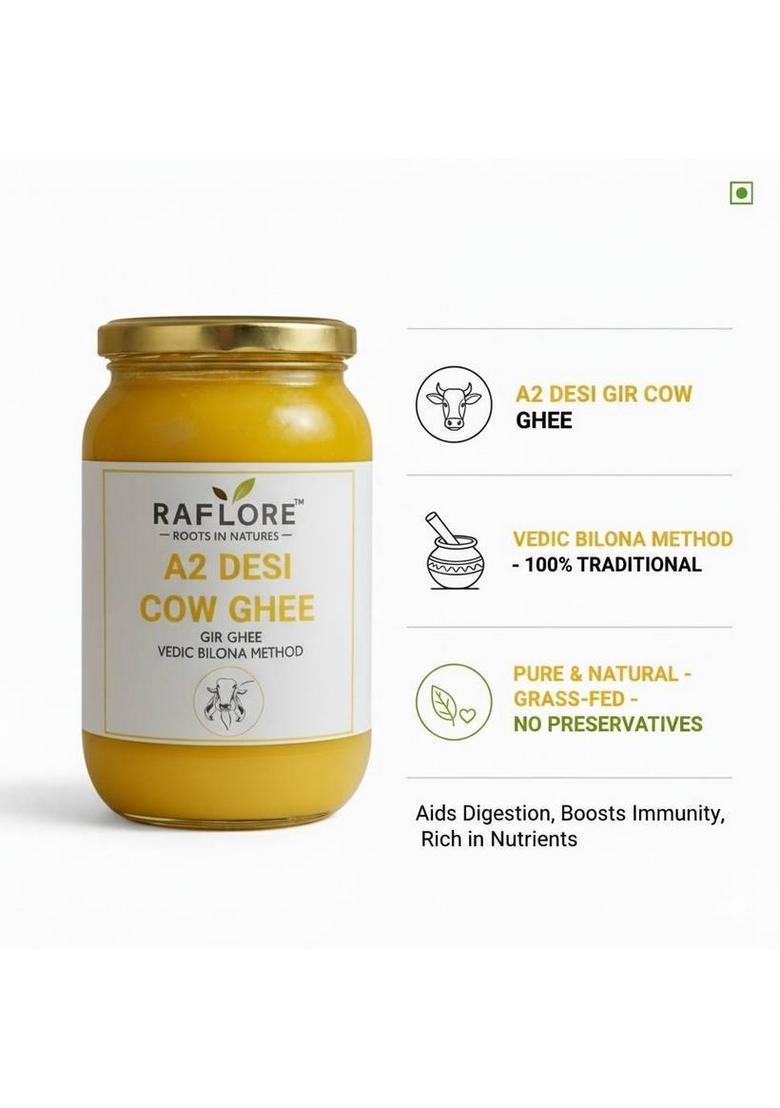 Raflore A2 Cow Ghee, Traditional Bilona Method, Pure Natural And Healthy, Ghee Glass Bottle (1000 Ml)