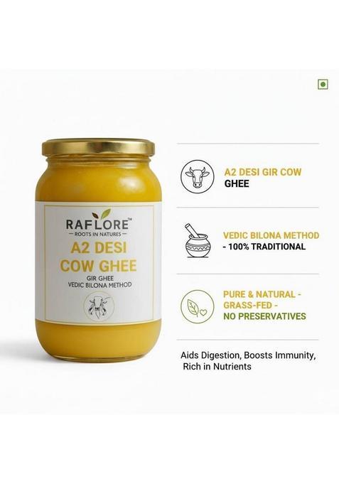 Raflore A2 Cow Ghee, Traditional Bilona Method, Pure Natural And Healthy, Ghee Glass Bottle (1000 Ml)