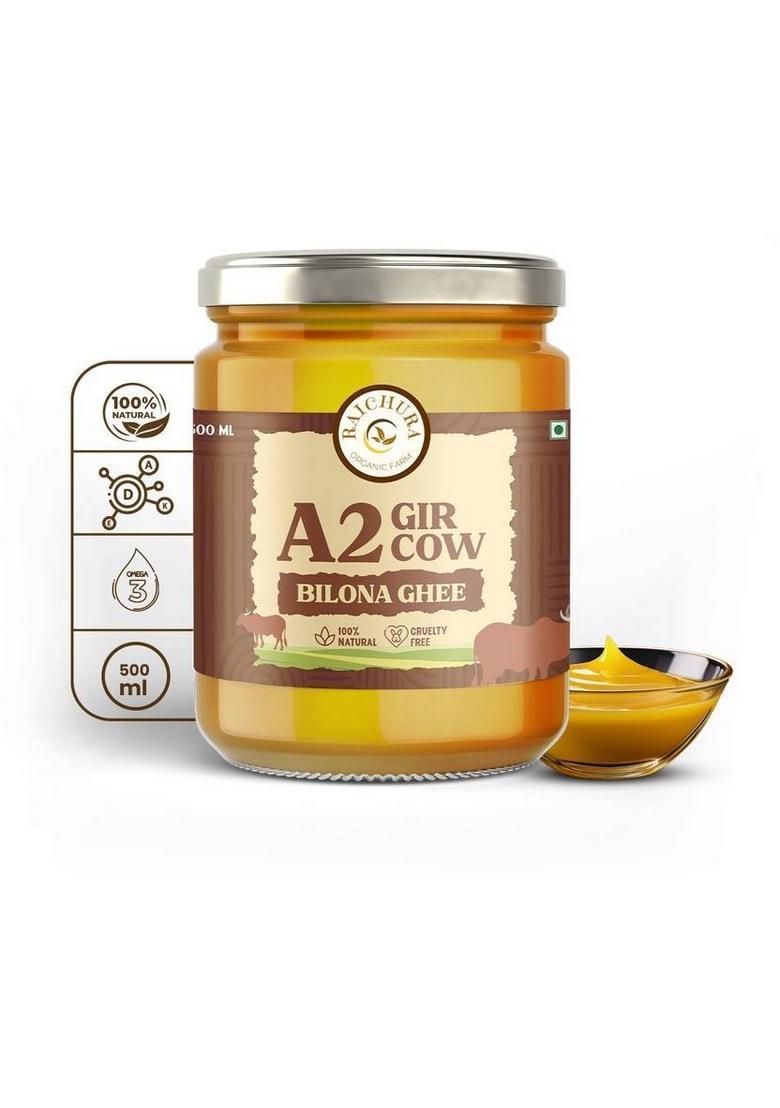 Raichura Organic Farm 500 Ml 100% Natural Pure A2 Gir Cow Ghee, Chemical-Free, Ghee Glass Bottle (500 Ml)