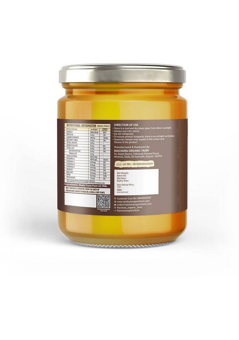 Raichura Organic Farm 500 Ml 100% Natural Pure A2 Gir Cow Ghee, Chemical-Free, Ghee Glass Bottle (500 Ml)