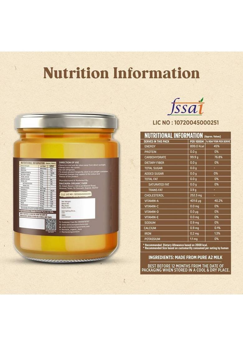 Raichura Organic Farm 500 Ml 100% Natural Pure A2 Gir Cow Ghee, Chemical-Free, Ghee Glass Bottle (500 Ml)