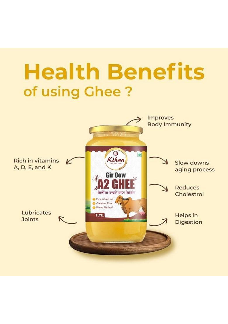 Kihaa Ghee Premium A2 Gir Cow Desi Bilona Two Way Hand Churned Glass Bottle (1 L)