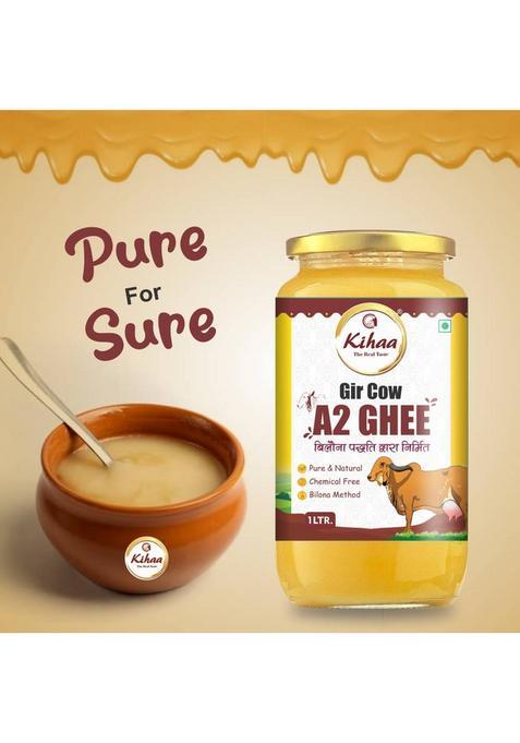 Kihaa Ghee Premium A2 Gir Cow Desi Bilona Two Way Hand Churned Glass Bottle (1 L)