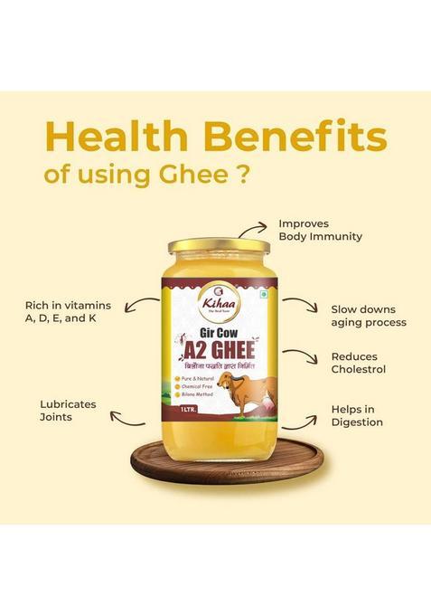 Kihaa Ghee Premium A2 Gir Cow Desi Bilona Two Way Hand Churned Glass Bottle (1 L)