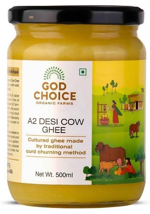 God Choice Organic Farms Pure & A2 Desi Cow Ghee 500 Ml | Bilona Method Curd Churned Glass Bottle (500 G)