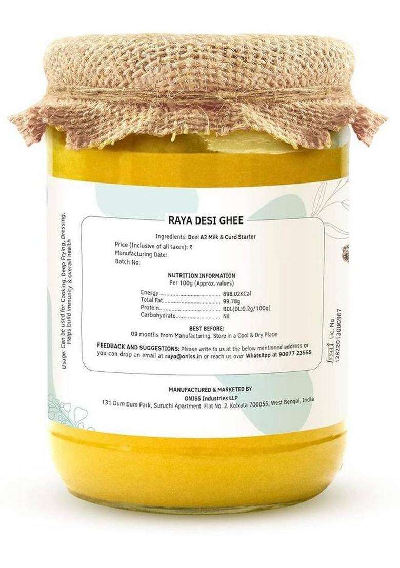 Raya A2 Desi Bilona Cow Ghee 1Liter Ea Plastic Bottle (1000 G) - Indya