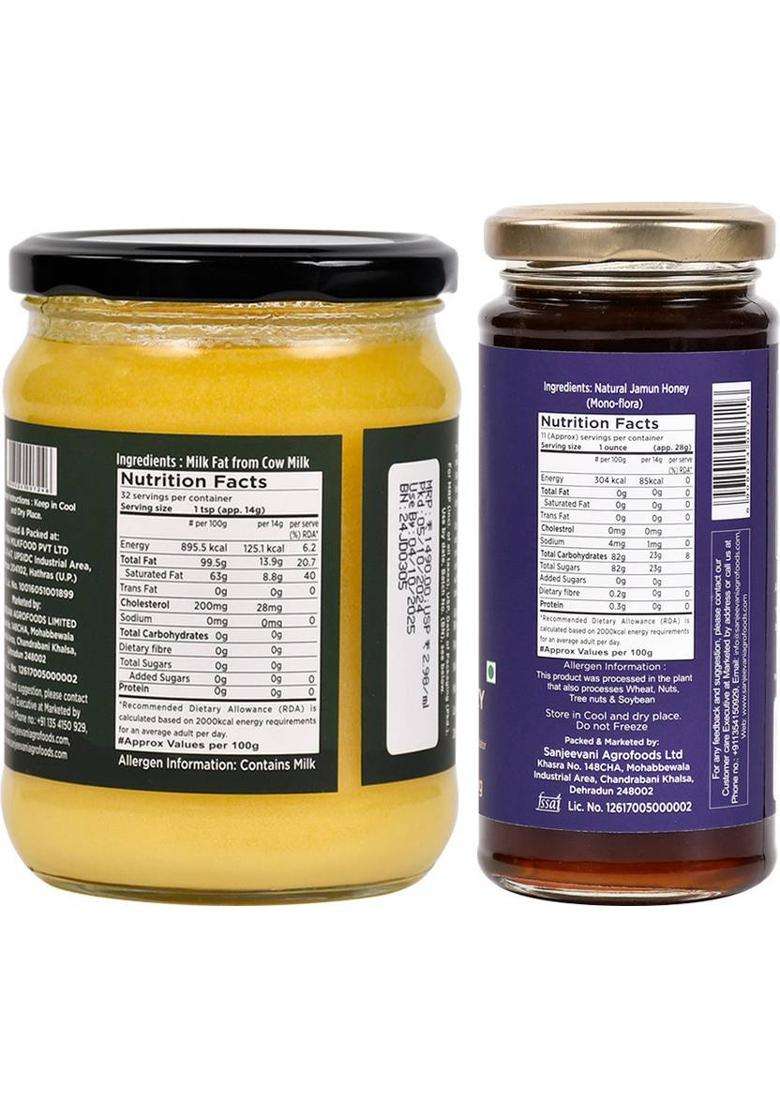 Sanjeevani Organics A2 Badri Cow Ghee & 100% Natural Jamun Honey | Chemical-Free No Additives Glass Bottle (755 G, Pack Of 2) - Indya