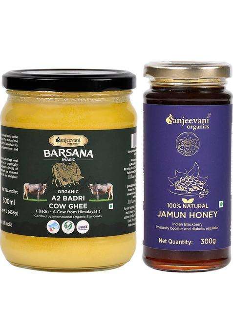 Sanjeevani Organics A2 Badri Cow Ghee & 100% Natural Jamun Honey | Chemical-Free No Additives Glass Bottle (755 G, Pack Of 2)