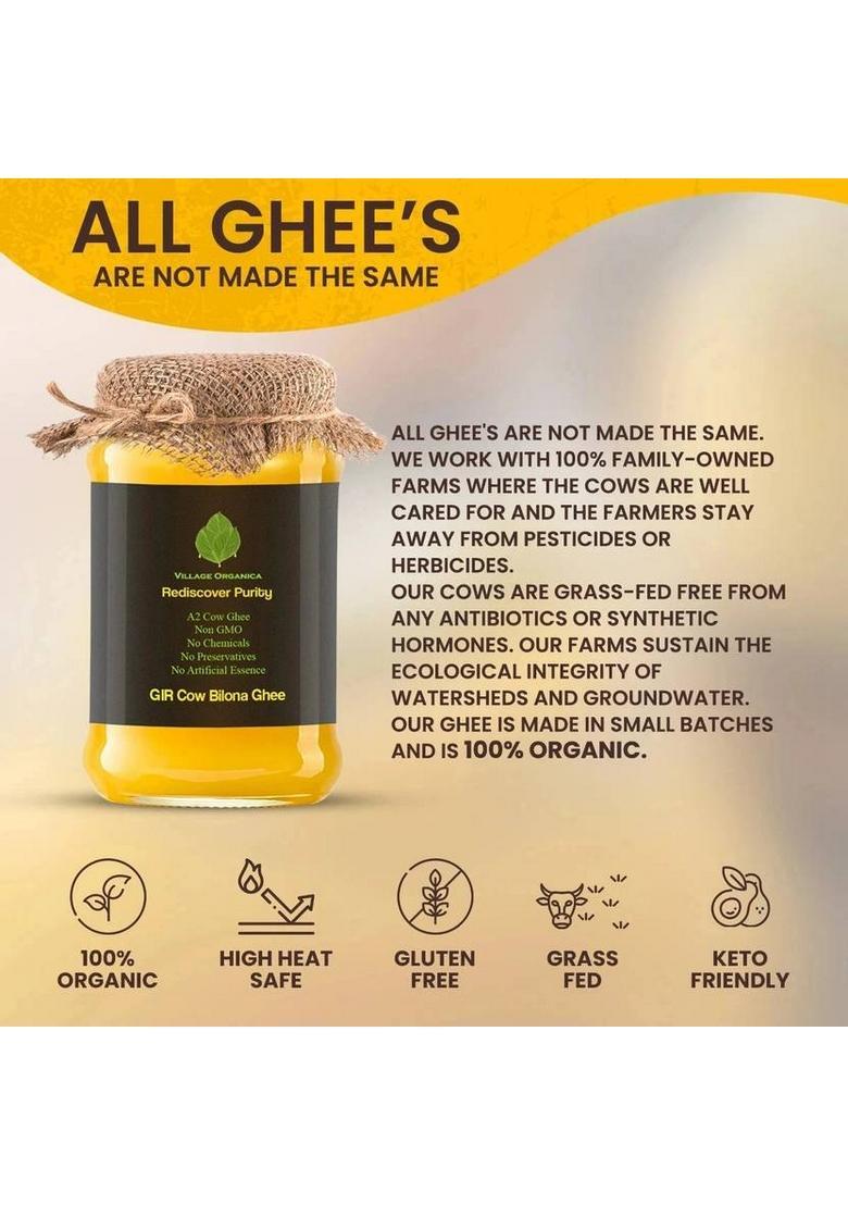 Village Organica Gir Cow Ghee | A2 Ghee| Bilona Organic Unadulterated Glass Bottle (500 G)