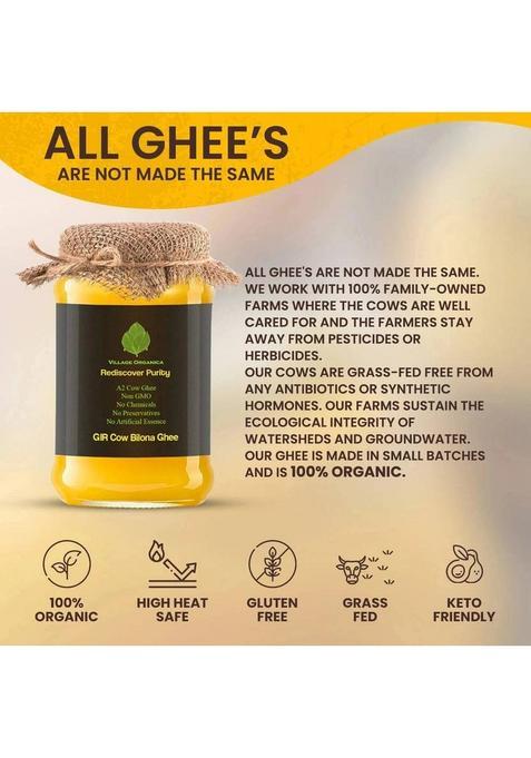 Village Organica Gir Cow Ghee | A2 Ghee| Bilona Organic Unadulterated Glass Bottle (500 G)