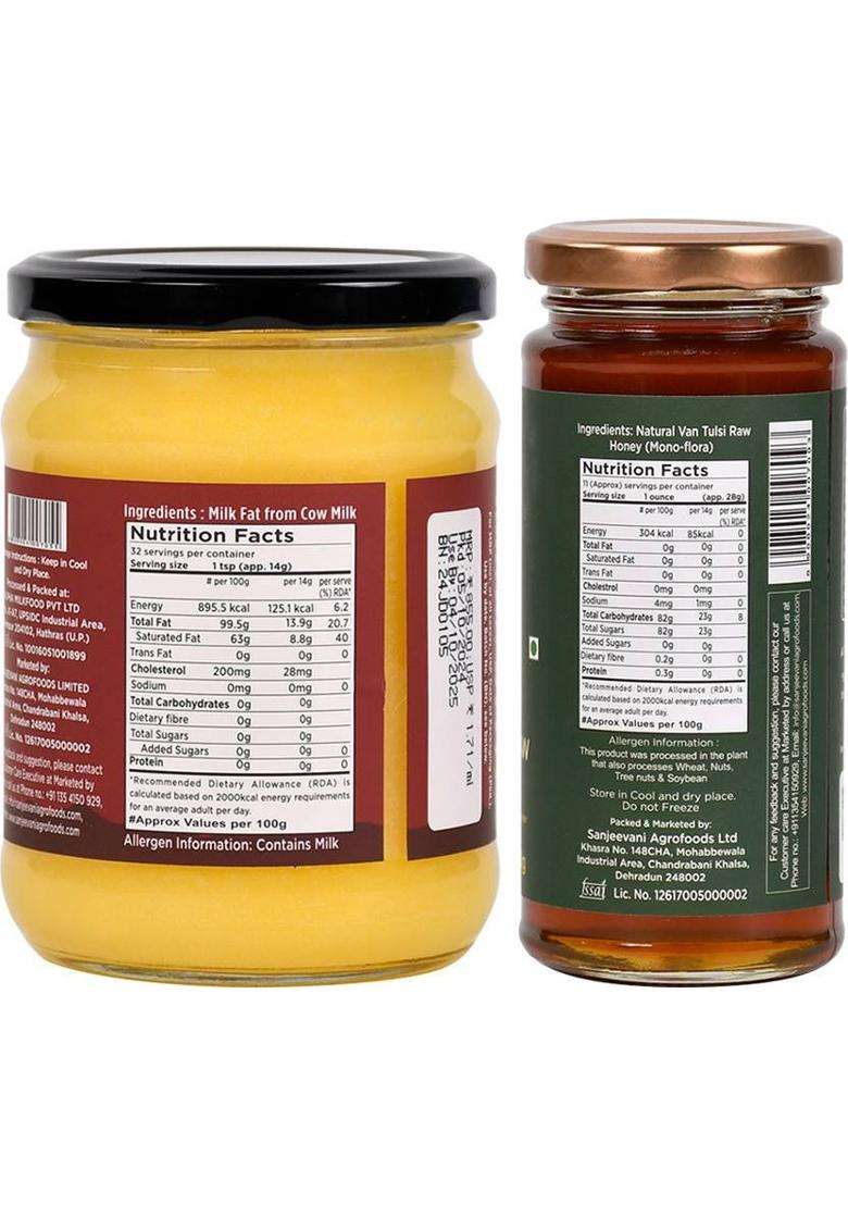 Sanjeevani Organics Organic Cow Ghee & Van Tulsi Raw Honey | Nutrient-Rich No Additives Glass Bottle (755 G, Pack Of 2) - Indya