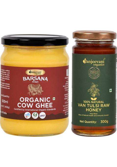 Sanjeevani Organics Organic Cow Ghee & Van Tulsi Raw Honey | Nutrient-Rich No Additives Glass Bottle (755 G, Pack Of 2)