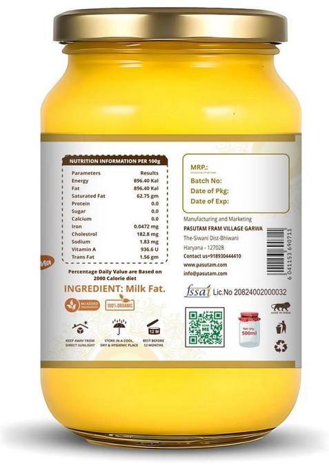 Pasutam Desi Ghee A2 Cow 500G | Handmade Mason Jar (500 Ml)