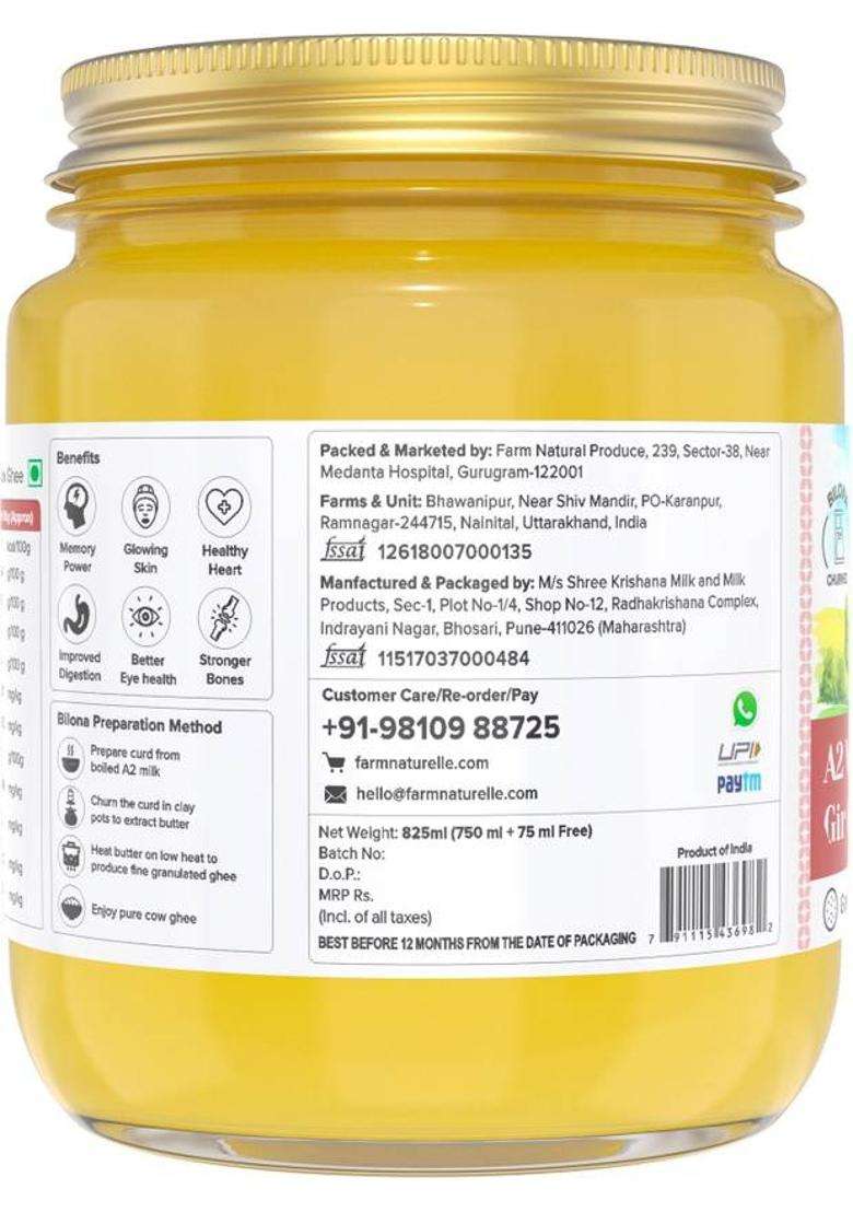 Farm Naturelle 100% Pure A2 Gir Cow Desi Ghee Through Method Mason Jar (825 Ml) - Indya