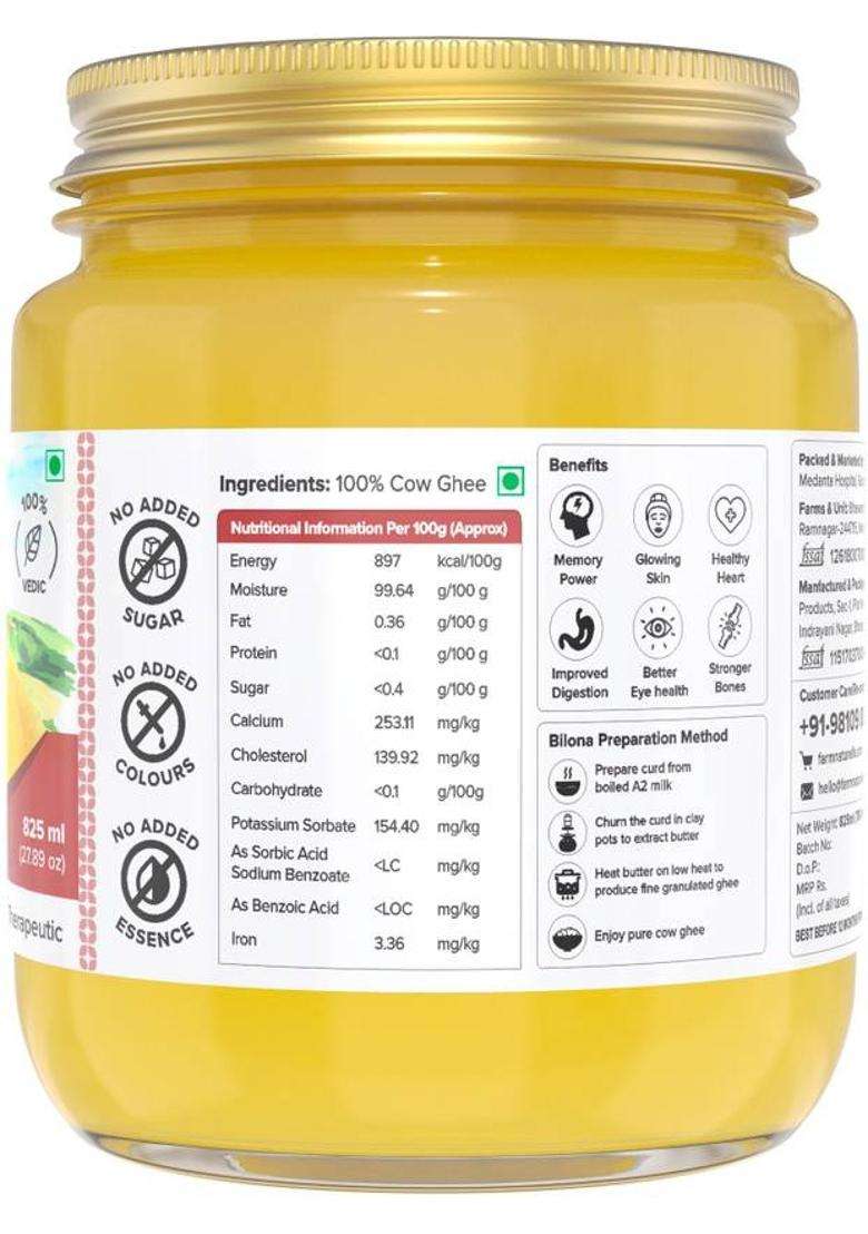 Farm Naturelle 100% Pure A2 Gir Cow Desi Ghee Through Method Mason Jar (825 Ml) - Indya