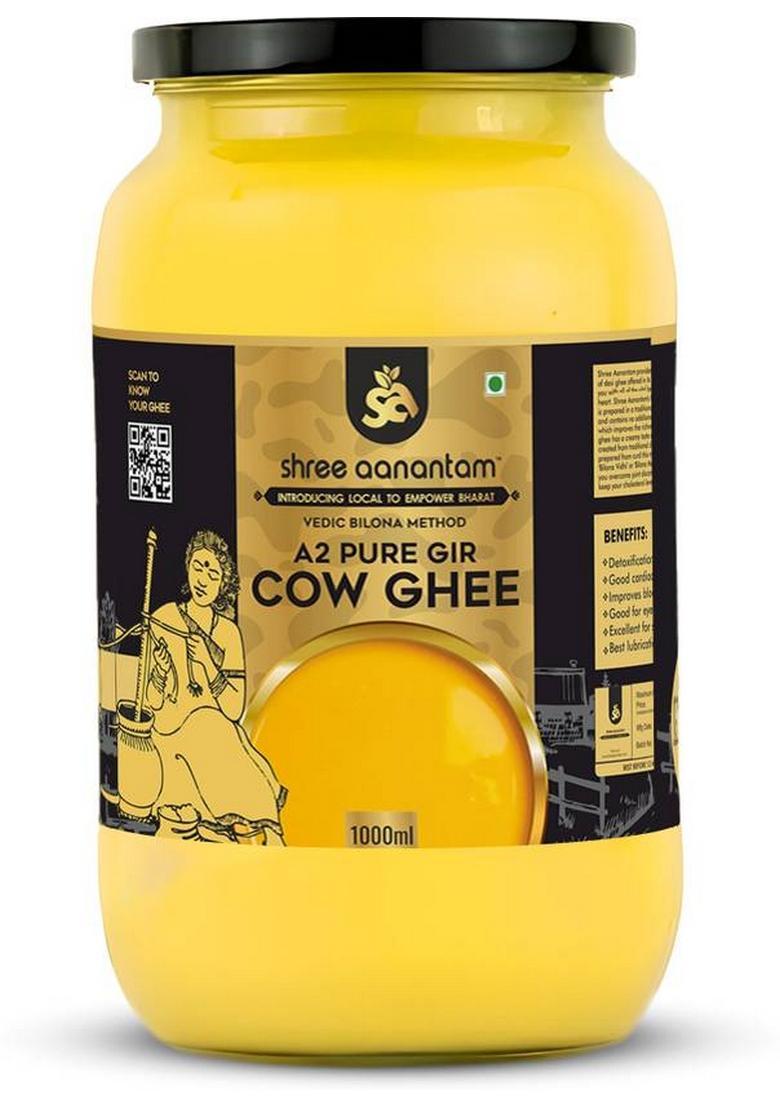 Shree Aanantam A2 Gir Cow Desi Ghee | Made With Bilona Method Hand Churned 100% Pure Glass Bottle (1 L)